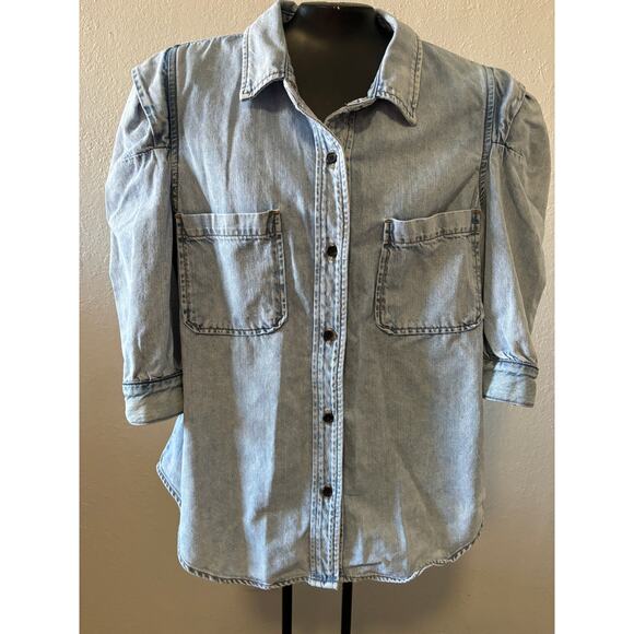 Frame Denim Blue Rosette Puff-Sleeve Denim Shirt Womens Size Large - Picture 2 of 4